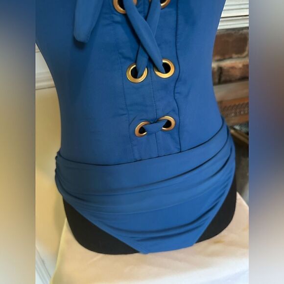 Sexy lace up front one piece swimsuit with gold grommets medium blue size 8 GUC - Picture 6 of 10